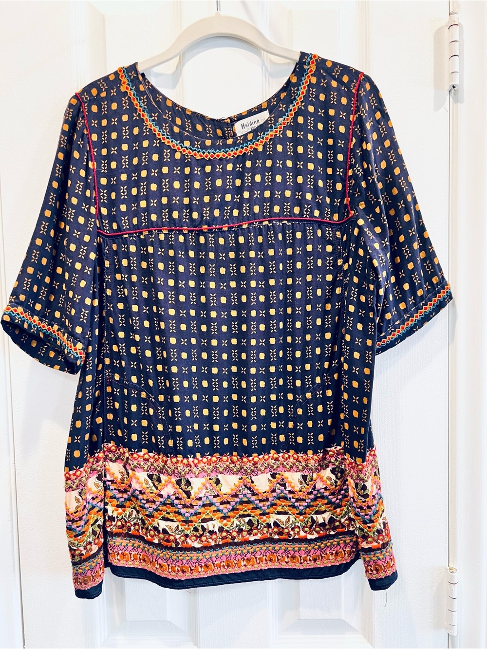 Anthropologie Holding Horses Minas Embroidered Boho Blouse Navy Gold Size 8